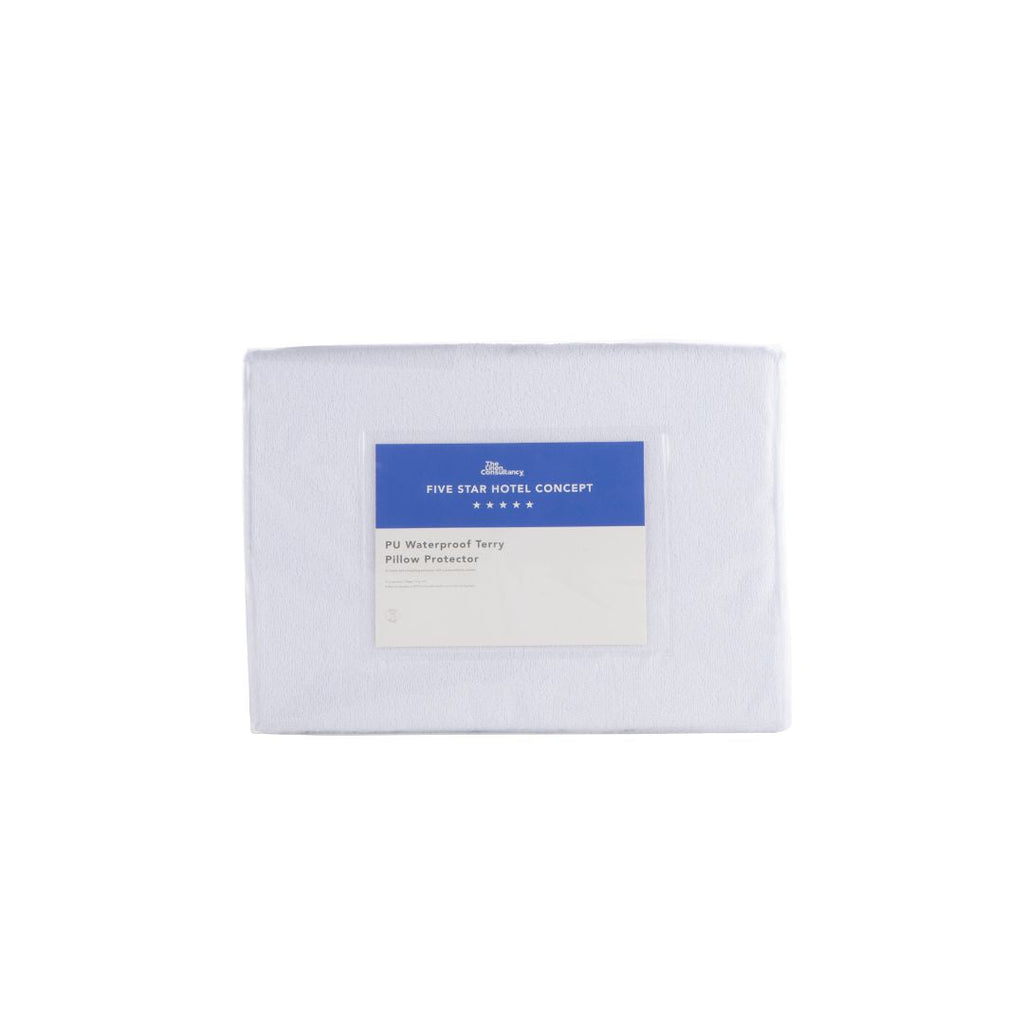 White pillow protector with Five Star Hotel Concept label on a white background