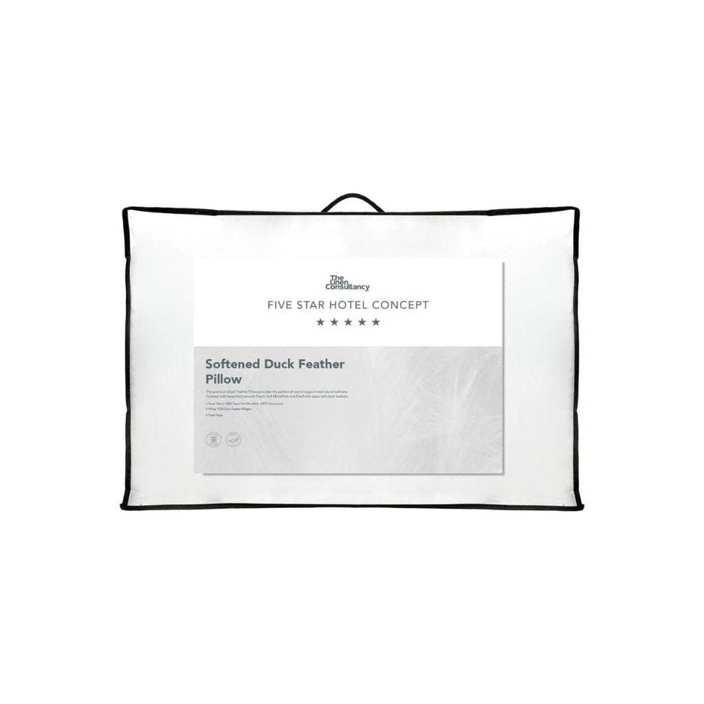 Packaged soft feather pillow with Five Star Hotel Concept branding on a white background